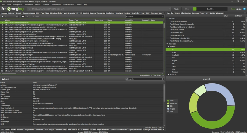 Audit Website Anda dengan Screaming Frog - Tampilan antarmuka pengguna Screaming Frog SEO Spider selama proses crawling sebuah situs.