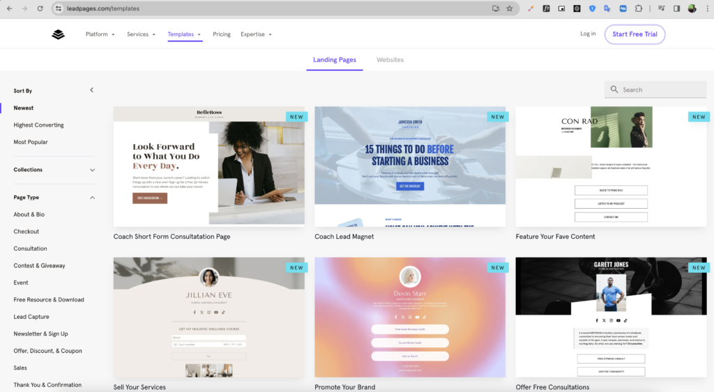 Berbagai template landing page di Leadpages, salah satu affiliate marketing software yang sangat membantu untuk membuat landing page berkualitas tinggi dengan mudah