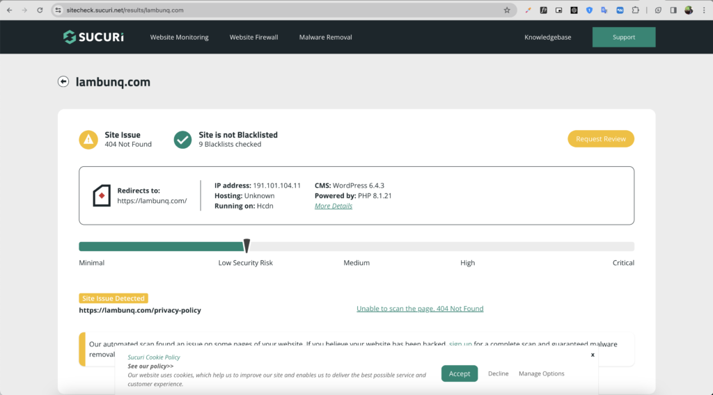 Contoh Cek Keamanan Website Sucuri SiteCheck untuk Website lambunq.com milik WiseWebster