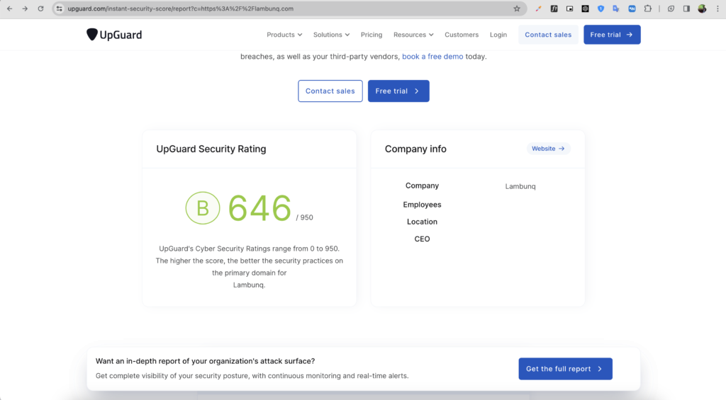 Contoh laporan UpGuard untuk keamanan website pada Lambunq.com yang menunjukkan evaluasi risiko, skor keamanan, dan rekomendasi perbaikan