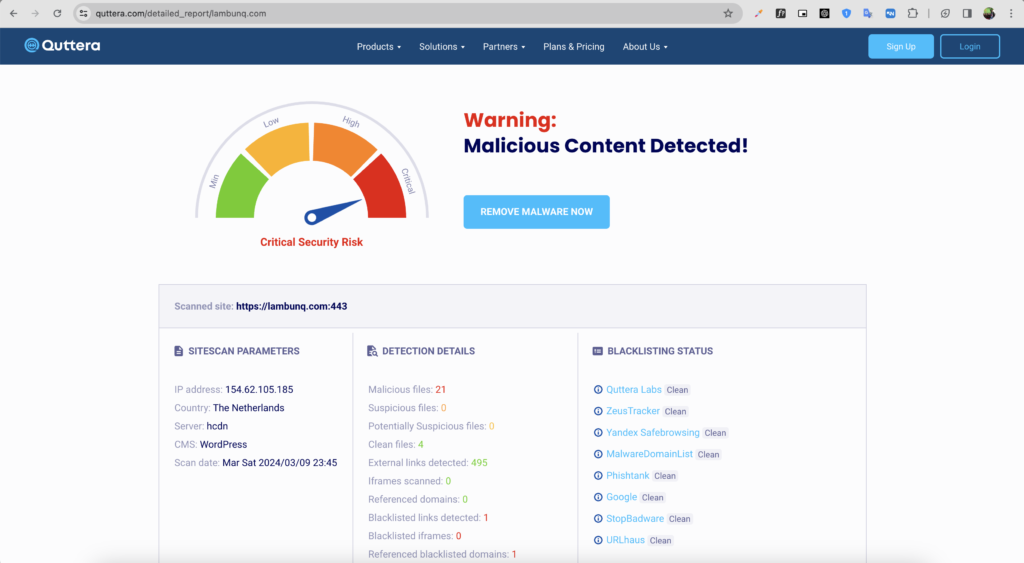 Dashboard Quttera Web Security Scan untuk cek keamanan website lambunq.com menunjukkan hasil scan, analisis risiko, dan rekomendasi keamanan