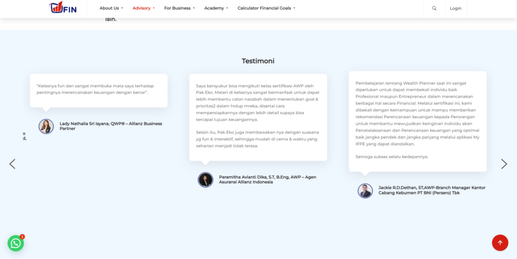 Desain Landing Page Konsultasi Keuangan dengan Testimoni Pelanggan yang Menarik dan Formulir Kontak yang Efisien