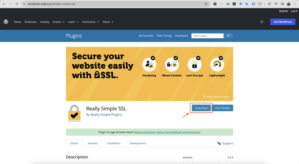 Download Really Simple SSL untuk meningkatkan keamanan website