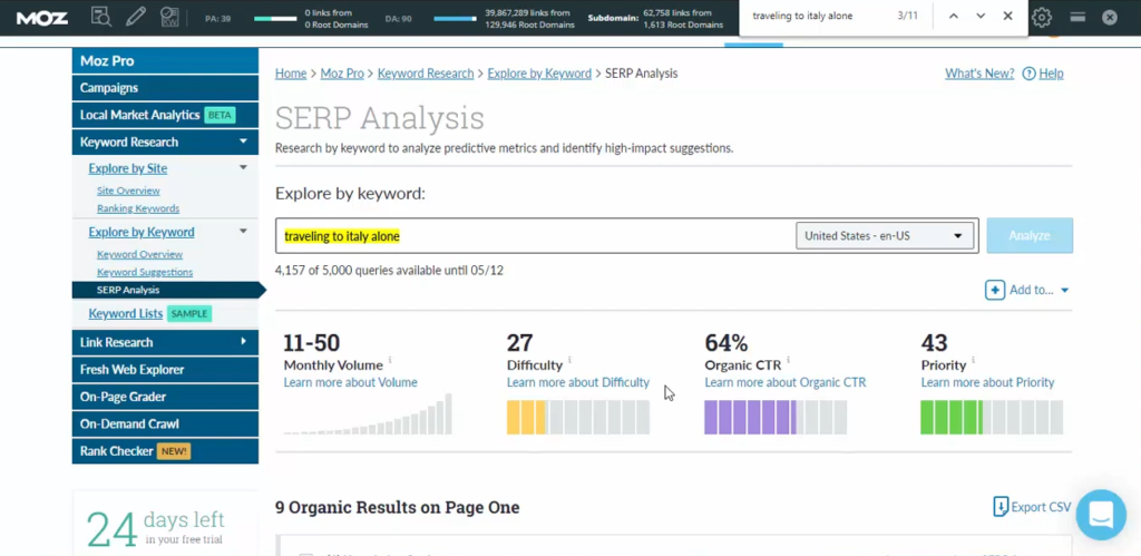 Membangun Otoritas dengan Moz Pro - Menampilkan antarmuka Moz Pro dengan fokus pada analisis Domain Authority dan rekomendasi on-page SEO