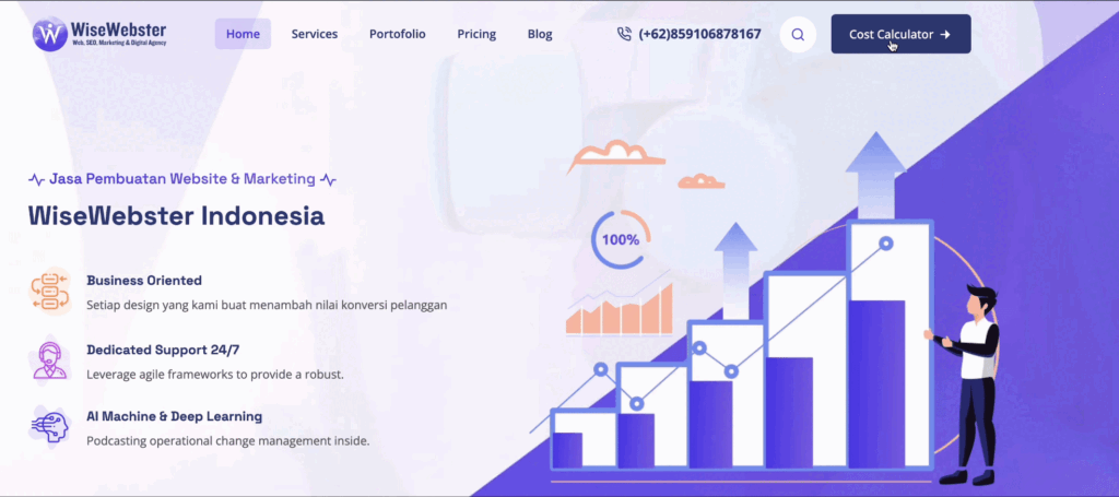 Penggunaan gradien warna yang dinamis dalam website WiseWebster untuk meningkatkan desain user interface