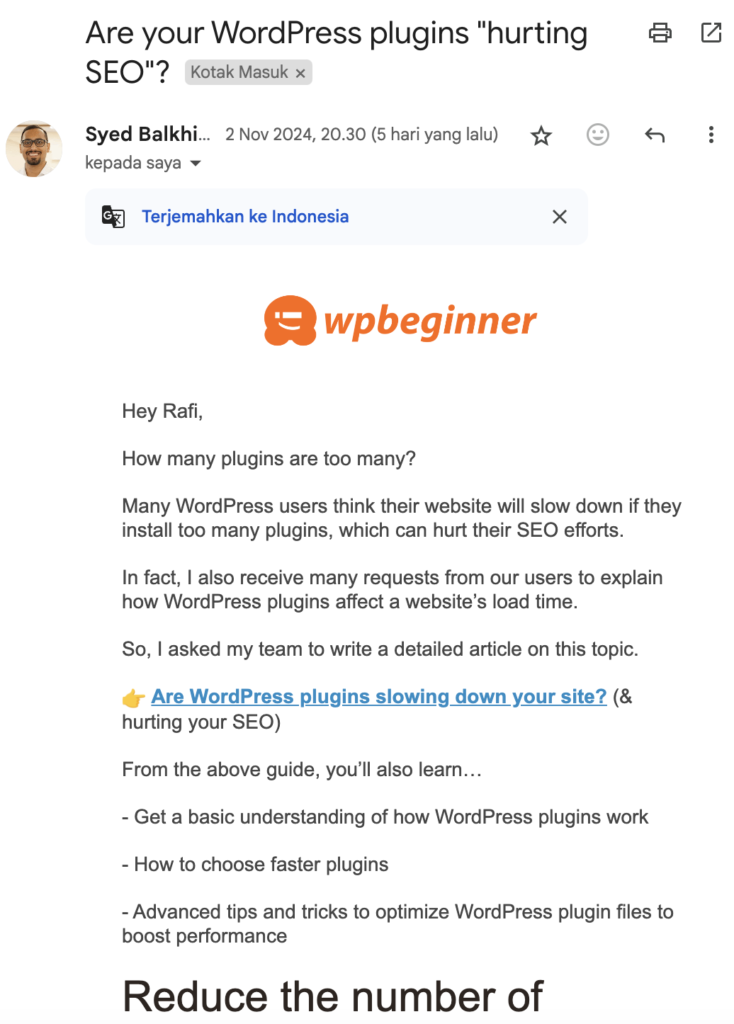 Contoh email marketing dari WPBeginner, salah satu website wordpress terbesar di dunia