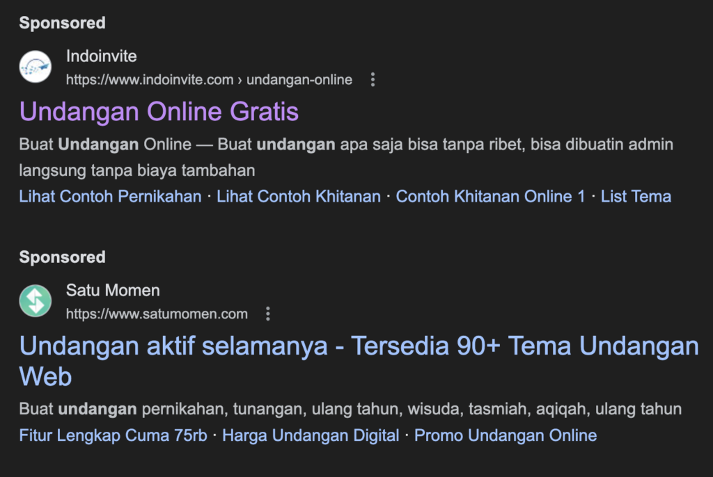 Contoh bisnis yang beriklan di Google Search Engine Result Page