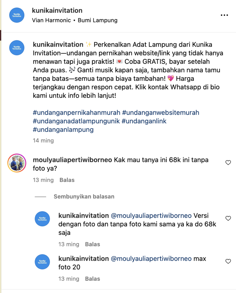 Contoh interaksi Kunika Invitation dengan calon klien di Instagram