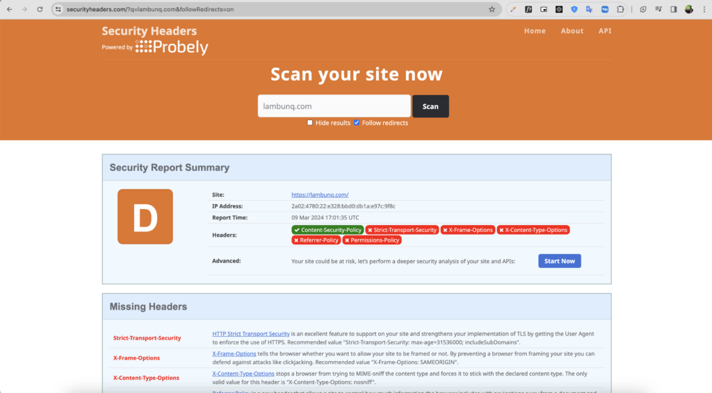 Tampilan dari hasil analisis SecurityHeaders.io untuk cek keamanan website Lambunq.com, menunjukkan skor keamanan dan rekomendasi aksi