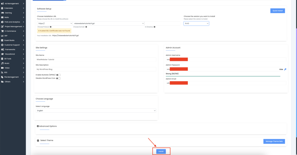 Tampilan formulir penginstalan wordpress. Isi data dan klik install