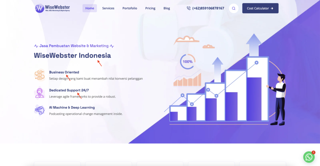 WiseWebster, salah satu website yang menganut design user interface typografi berani