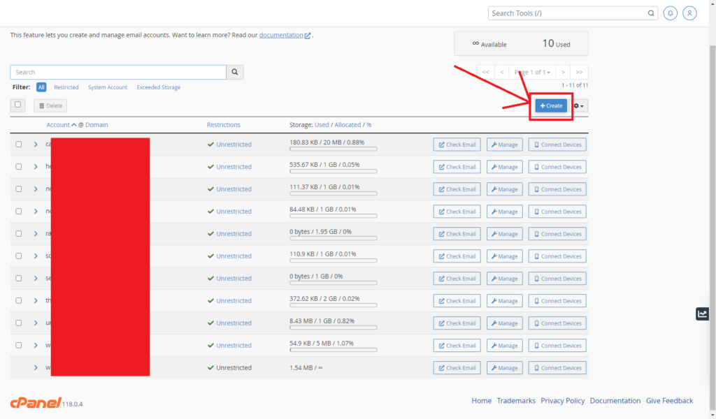 Dashboard pembuatan email bisnis - tekan tombol create untuk membuat email bisnis sesuai nama domain yang sudah terintegrasi hosting