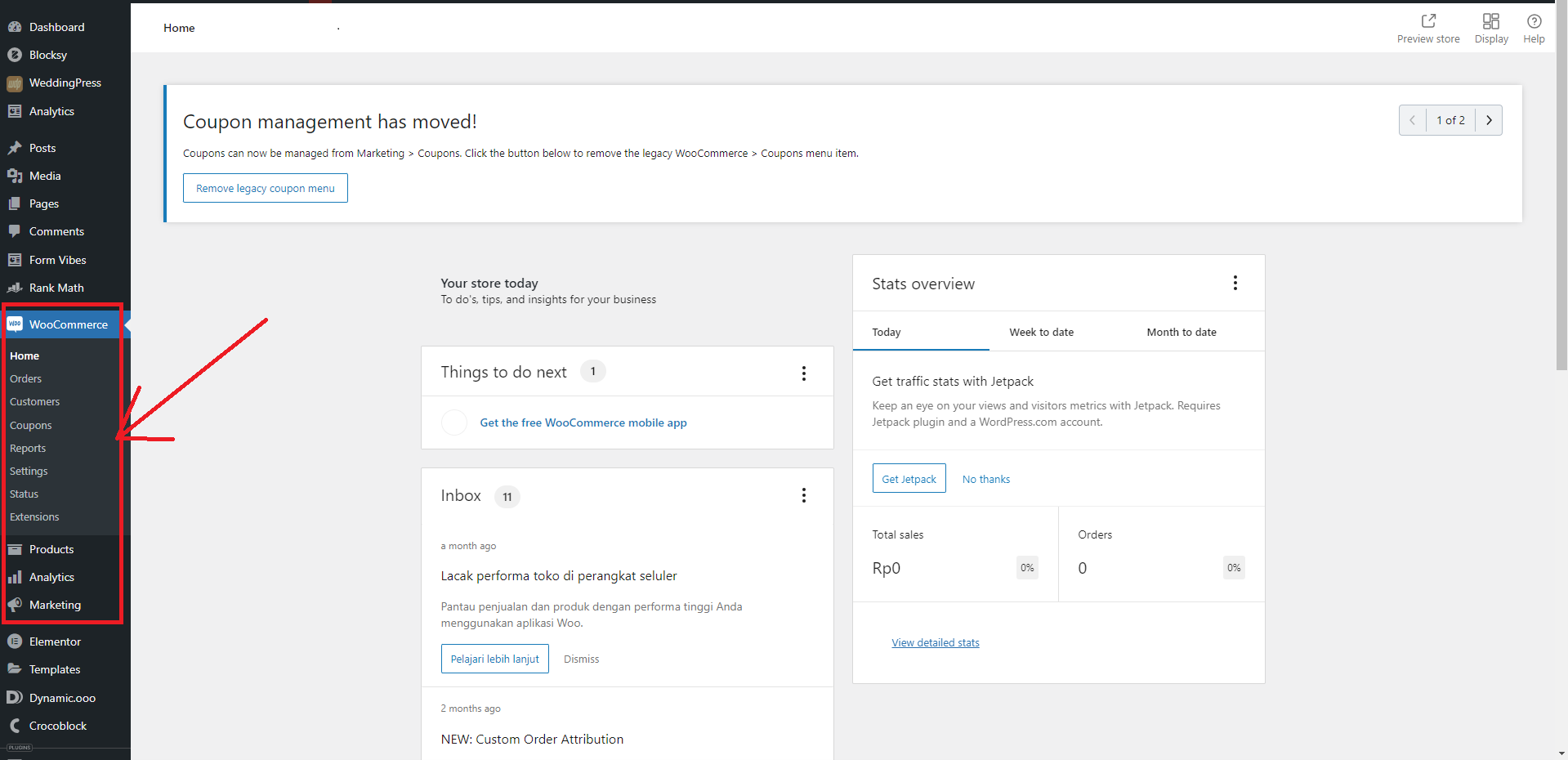 Dashboard WooCommerce yang Terinstal Pada WordPress
