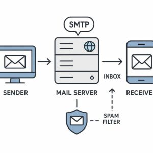 Ilustrasi alur kerja email dari pengirim ke penerima melalui server