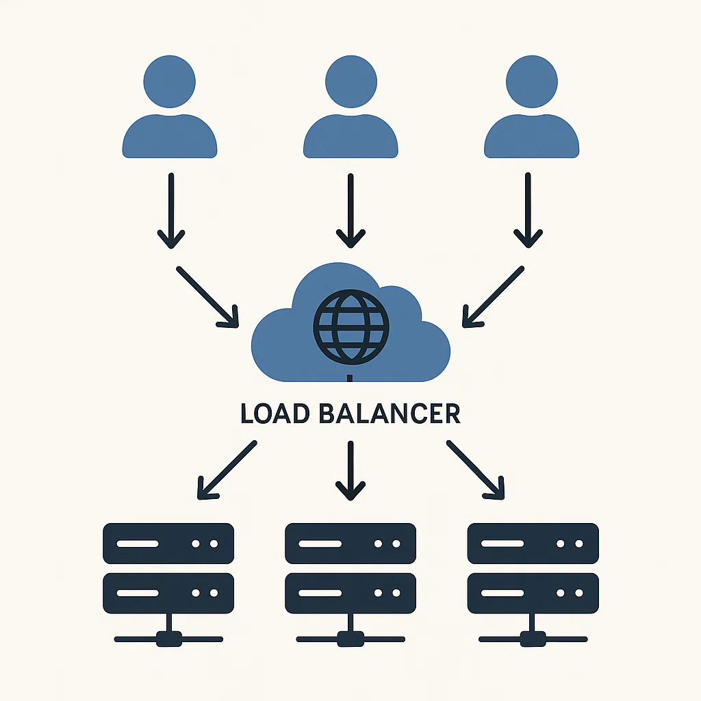 Ilustrasi cara kerja loadbalancer dalam mendistribusikan trafik ke beberapa server untuk menjaga kestabilan