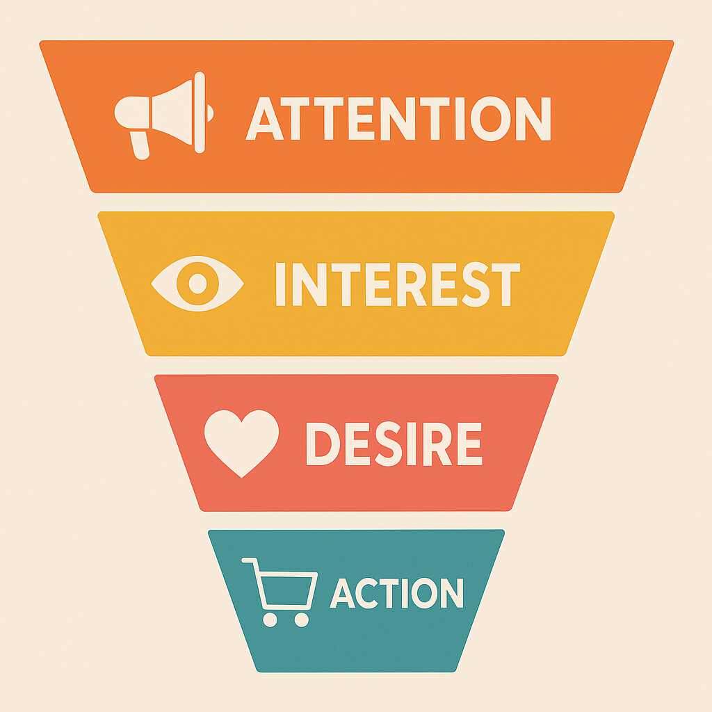 Ilustrasi funnel AIDA yang menunjukkan urutan strategi copywriting efektif dari menarik perhatian hingga menghasilkan aksi