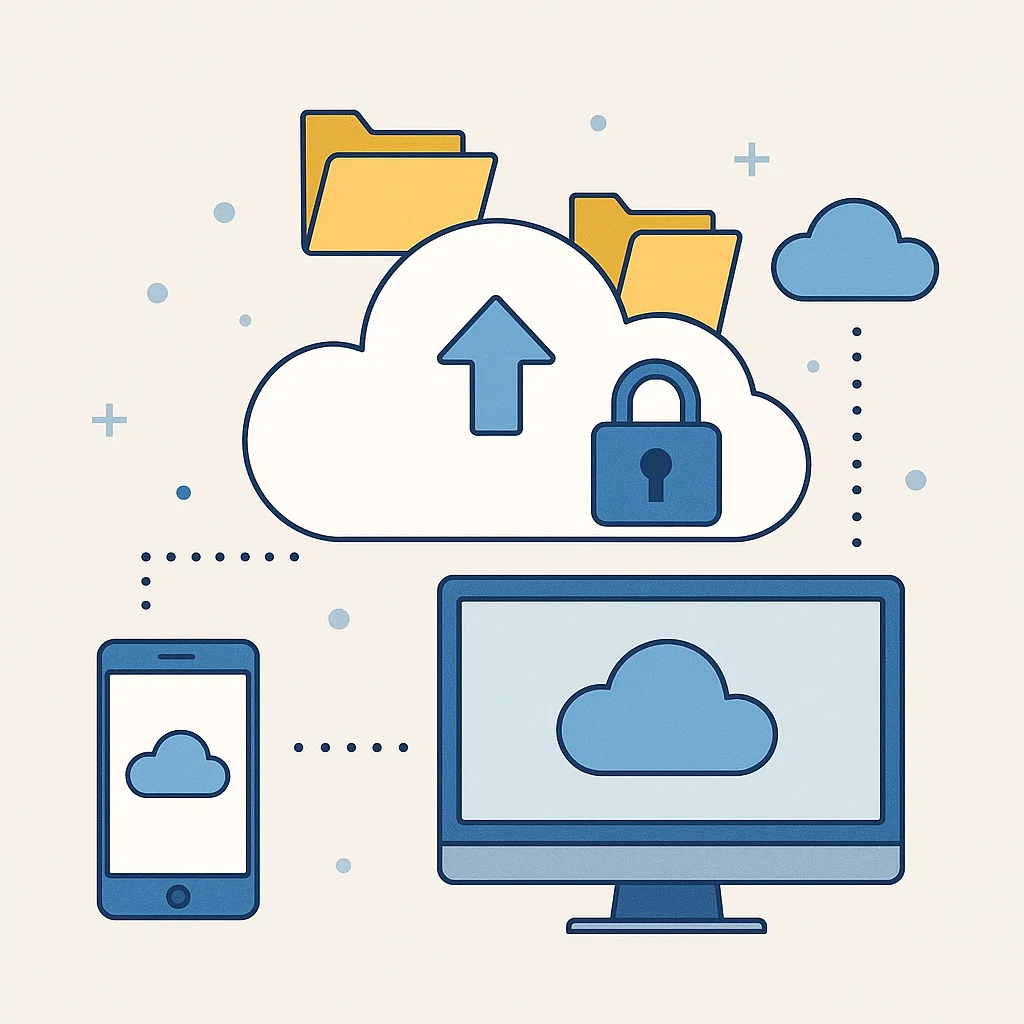 Ilustrasi penyimpanan cloud modern yang terhubung dengan berbagai perangkat digital