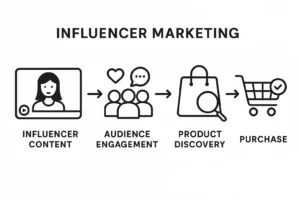Diagram alur bagaimana influencer memengaruhi keputusan pembelian audiens secara bertahap