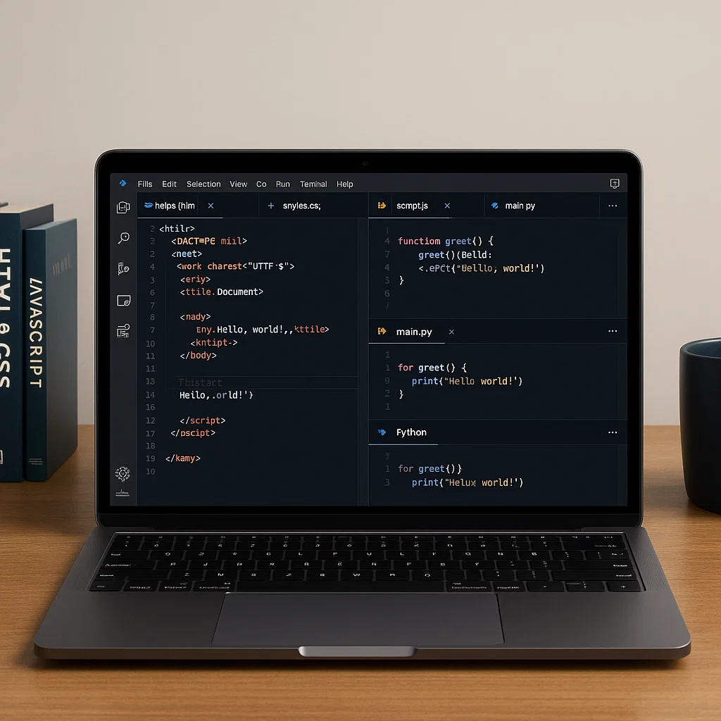 Ilustrasi kode HTML, CSS, JS, dan Python di editor untuk pembelajaran coding dasar
