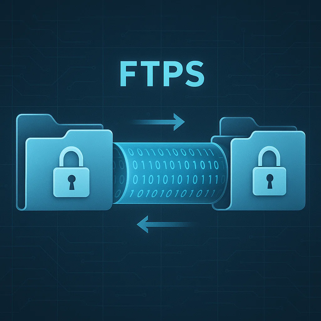 Ilustrasi transfer file aman menggunakan protokol FTPS dengan koneksi terenkripsi